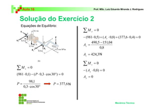 Aula 16                                         Prof. MSc. Luiz Eduardo Miranda J. Rodrigues



  Solução do Exercício 2
   Equações de Equilíbrio:
                                           ∑M    y   =0
                                           − (981 ⋅ 0,5) + ( Az ⋅ 0,8) + (377,6 ⋅ 0,4) = 0
                                                490,5 − 151,04
                                           Az =
                                                        0,8
                                           Az = 424,3 N

                                           ∑M    z   =0
∑M    x   =0
                                           − ( Ay ⋅ 0,8) = 0
(981 ⋅ 0,1) − ( P ⋅ 0,3 ⋅ cos 30°) = 0
                                           Ay = 0
          98,1
P=                           P = 377,6 N
     0,3 ⋅ cos 30°



                                                                       Mecânica Técnica
 