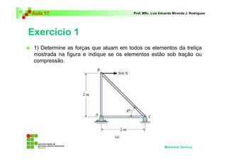 Aula 17                                Prof. MSc. Luiz Eduardo Miranda J. Rodrigues




Exercício 1
 1) Determine as forças que atuam em todos os elementos da treliça
 mostrada na figura e indique se os elementos estão sob tração ou
 compressão.




                                                         Mecânica Técnica
 