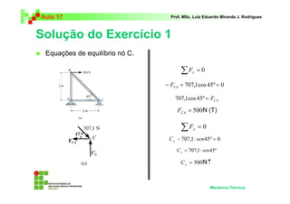 Aula 17                           Prof. MSc. Luiz Eduardo Miranda J. Rodrigues



Solução do Exercício 1
 Equações de equilíbrio nó C.

                                      ∑F    x   =0

                                − FCA + 707,1 cos 45º = 0

                                    707,1cos 45º = FCA

                                     FCA = 500 N (T)

                                      ∑F    y   =0
                                 C y − 707,1 ⋅ sen 45º = 0
                                    C y = 707,1 ⋅ sen 45º

                                      C y = 500N



                                                     Mecânica Técnica
 