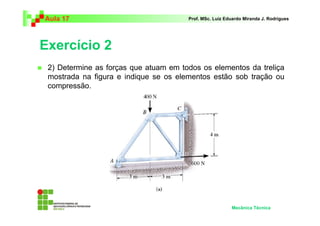 Aula 17                                Prof. MSc. Luiz Eduardo Miranda J. Rodrigues




Exercício 2
 2) Determine as forças que atuam em todos os elementos da treliça
 mostrada na figura e indique se os elementos estão sob tração ou
 compressão.




                                                         Mecânica Técnica
 