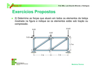 Aula 17                                Prof. MSc. Luiz Eduardo Miranda J. Rodrigues



Exercícios Propostos
 2) Determine as forças que atuam em todos os elementos da treliça
 mostrada na figura e indique se os elementos estão sob tração ou
 compressão.




                                                         Mecânica Técnica
 