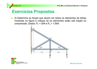 Aula 17                                Prof. MSc. Luiz Eduardo Miranda J. Rodrigues



Exercícios Propostos
 3) Determine as forças que atuam em todos os elementos da treliça
 mostrada na figura e indique se os elementos estão sob tração ou
 compressão. Dados: P1 = 2kN e P2 = 1,5kN.




                                                         Mecânica Técnica
 