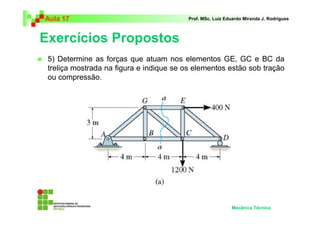 Aula 17                                   Prof. MSc. Luiz Eduardo Miranda J. Rodrigues



Exercícios Propostos
 5) Determine as forças que atuam nos elementos GE, GC e BC da
 treliça mostrada na figura e indique se os elementos estão sob tração
 ou compressão.




                                                            Mecânica Técnica
 