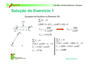 Aula 18                                          Prof. MSc. Luiz Eduardo Miranda J. Rodrigues



Solução do Exercício 1
          Equações de Equilíbrio no Elemento CB:

                          ∑M    C   =0
                          (2000 ⋅ 2) − [( FAB ⋅ sen60°) ⋅ (4)] = 0
                                       4000                                   1000
                           FAB =                                     FAB =
                                    4 ⋅ sen60°                               sen60°
                           FAB = 1154,7N

                  ∑F  x   =0                         ∑F    y   =0
                 1154,7 ⋅ cos 60° − C x = 0         1154,7 ⋅ sen60° − 2000 + C y = 0
                 C x = 1154,7 ⋅ cos 60°             C y = 2000 − 1154,7 ⋅ sen60°
                  C x = 577 N                       C y = 1000N



                                                                    Mecânica Técnica
 