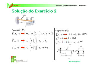 Aula 18                                                   Prof. MSc. Luiz Eduardo Miranda J. Rodrigues



Solução do Exercício 2



Segmento AB:                                               Segmento BC:
                      4 
∑M A = 0       M A − 10 ⋅   ⋅ 2 − ( B y ⋅ 4) = 0 (I)
                      5                                ∑M = 0  B
                                                                            (−8 ⋅ 1) + (C y ⋅ 2) = 0 (IV)

                      3                                ∑F = 0
                                                               x
                                                                            B x = 0 (V)
∑F x   =0      Ax − 10 ⋅   + B x = 0 (II)
                      5                                ∑F = 0
                                                               y            B y − 8 + C y = 0 (VI)

                      4 
∑ Fy = 0       Ay − 10 ⋅   − B y = 0 (III)
                      5 




                                                                             Mecânica Técnica
 