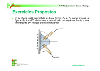 Aula 2                                    Prof. MSc. Luiz Eduardo Miranda J. Rodrigues



Exercícios Propostos
 3) A chapa está submetida a duas forças FA e FB como mostra a
 figura. Se θ = 60º, determine a intensidade da força resultante e sua
 intensidade em relação ao eixo horizontal.




                                                            Mecânica Técnica
 