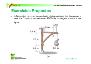 Aula 18                                  Prof. MSc. Luiz Eduardo Miranda J. Rodrigues



Exercícios Propostos
 1) Determine os componentes horizontais e verticais das forças que o
 pino em C exerce no elemento ABCD da montagem mostrada na
 figura.




                                                           Mecânica Técnica
 