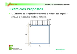 Aula 18                                   Prof. MSc. Luiz Eduardo Miranda J. Rodrigues



Exercícios Propostos
 4) Determine os componentes horizontais e verticais das forças nos
 pino A e C da estrutura mostrada na figura.




                                                            Mecânica Técnica
 