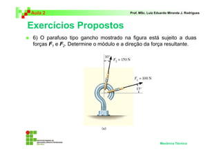 Aula 2                                  Prof. MSc. Luiz Eduardo Miranda J. Rodrigues



Exercícios Propostos
 6) O parafuso tipo gancho mostrado na figura está sujeito a duas
 forças F1 e F2. Determine o módulo e a direção da força resultante.




                                                          Mecânica Técnica
 