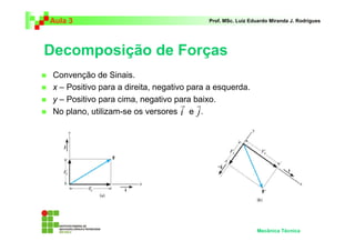 Aula 3                                     Prof. MSc. Luiz Eduardo Miranda J. Rodrigues




Decomposição de Forças
 Convenção de Sinais.
 x – Positivo para a direita, negativo para a esquerda.
 y – Positivo para cima, negativo para baixo.
                                     r r
 No plano, utilizam-se os versores i e j .




                                                             Mecânica Técnica
 