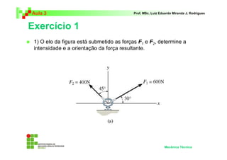 Aula 3                                    Prof. MSc. Luiz Eduardo Miranda J. Rodrigues



Exercício 1
 1) O elo da figura está submetido as forças F1 e F2, determine a
 intensidade e a orientação da força resultante.




                                                            Mecânica Técnica
 