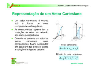 Aula 4                               Prof. MSc. Luiz Eduardo Miranda J. Rodrigues




Representação de um Vetor Cartesiano
 Um vetor cartesiano é escrito
 sob    a    forma    de     suas
 componentes retangulares.
 As componentes representam a
 projeção do vetor em relação
 aos eixos de referência.
 Quando se escreve um vetor na
 forma      cartesiana       suas
 componentes ficam separadas             Vetor cartesiano:
 em cada um dos eixos e facilita       r      r      r      r
                                       A = Ax i + Ay j + Az k
 a solução da álgebra vetorial.
                                    Módulo do vetor cartesiano:
                                       A = Ax + Ay + Az
                                                 2       2      2



                                                       Mecânica Técnica
 