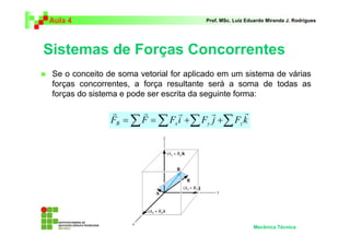 Aula 4                                  Prof. MSc. Luiz Eduardo Miranda J. Rodrigues




Sistemas de Forças Concorrentes
 Se o conceito de soma vetorial for aplicado em um sistema de várias
 forças concorrentes, a força resultante será a soma de todas as
 forças do sistema e pode ser escrita da seguinte forma:

                r      r        r        r        r
                FR = ∑ F = ∑ Fx i + ∑ Fy j + ∑ Fz k




                                                          Mecânica Técnica
 