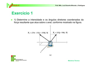 Aula 4                                   Prof. MSc. Luiz Eduardo Miranda J. Rodrigues




Exercício 1
 1) Determine a intensidade e os ângulos diretores coordenados da
 força resultante que atua sobre o anel, conforme mostrado na figura.



                                N                       N




                                                            Mecânica Técnica
 