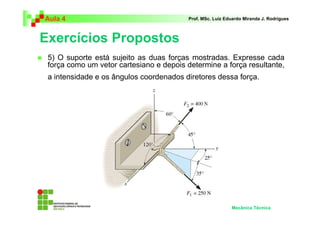 Aula 4                                    Prof. MSc. Luiz Eduardo Miranda J. Rodrigues



Exercícios Propostos
 5) O suporte está sujeito as duas forças mostradas. Expresse cada
 força como um vetor cartesiano e depois determine a força resultante,
 a intensidade e os ângulos coordenados diretores dessa força.




                                                            Mecânica Técnica
 