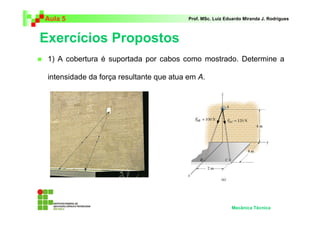 Aula 5                                    Prof. MSc. Luiz Eduardo Miranda J. Rodrigues



Exercícios Propostos
 1) A cobertura é suportada por cabos como mostrado. Determine a

 intensidade da força resultante que atua em A.




                                                            Mecânica Técnica
 