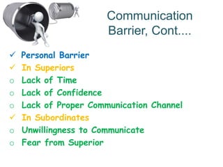 Communication
Barrier, Cont....
 Personal Barrier
 In Superiors
o Lack of Time
o Lack of Confidence
o Lack of Proper Communication Channel
 In Subordinates
o Unwillingness to Communicate
o Fear from Superior
 