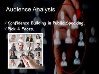 Audience Analysis
Confidence Building in Public Speaking.
Pick 4 Faces.
 