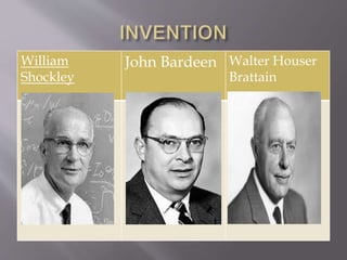 William
Shockley
John Bardeen Walter Houser
Brattain
 