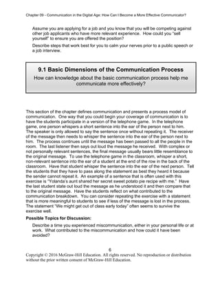 Chapter 09 - Communication in the Digital Age: How Can I Become a More Effective Communicator?
6
Copyright © 2016 McGraw-Hill Education. All rights reserved. No reproduction or distribution
without the prior written consent of McGraw-Hill Education.
Assume you are applying for a job and you know that you will be competing against
other job applicants who have more relevant experience. How could you “sell
yourself” to ensure you are offered the position?
Describe steps that work best for you to calm your nerves prior to a public speech or
a job interview.
This section of the chapter defines communication and presents a process model of
communication. One way that you could begin your coverage of communication is to
have the students participate in a version of the telephone game. In the telephone
game, one person whispers a short sentence into the ear of the person next to him.
The speaker is only allowed to say the sentence once without repeating it. The receiver
of the message then needs to whisper the sentence into the ear of the person next to
him. The process continues until the message has been passed to all the people in the
room. The last listener then says out loud the message he received. With complex or
not personally relevant sentences, the final message usually bears little resemblance to
the original message. To use the telephone game in the classroom, whisper a short,
non-relevant sentence into the ear of a student at the end of the row in the back of the
classroom. Have that student whisper the sentence into the ear of the next person. Tell
the students that they have to pass along the statement as best they heard it because
the sender cannot repeat it. An example of a sentence that is often used with this
exercise is “Yolanda’s aunt shared her secret sweet potato pie recipe with me.” Have
the last student state out loud the message as he understood it and then compare that
to the original message. Have the students reflect on what contributed to the
communication breakdown. You can consider repeating the exercise with a statement
that is more meaningful to students to see if less of the message is lost in the process.
The statement “We might get out of class early today” often seems to survive the
exercise well.
Possible Topics for Discussion:
Describe a time you experienced miscommunication, either in your personal life or at
work. What contributed to the miscommunication and how could it have been
avoided?
9.1 Basic Dimensions of the Communication Process
How can knowledge about the basic communication process help me
communicate more effectively?
 