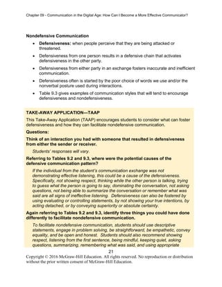 Chapter 09 - Communication in the Digital Age: How Can I Become a More Effective Communicator?
21
Copyright © 2016 McGraw-Hill Education. All rights reserved. No reproduction or distribution
without the prior written consent of McGraw-Hill Education.
Nondefensive Communication
• Defensiveness: when people perceive that they are being attacked or
threatened.
• Defensiveness from one person results in a defensive chain that activates
defensiveness in the other party.
• Defensiveness from either party in an exchange fosters inaccurate and inefficient
communication.
• Defensiveness often is started by the poor choice of words we use and/or the
nonverbal posture used during interactions.
• Table 9.3 gives examples of communication styles that will tend to encourage
defensiveness and nondefensiveness.
TAKE-AWAY APPLICATION—TAAP
This Take-Away Application (TAAP) encourages students to consider what can foster
defensiveness and how they can facilitate nondefensive communication.
Questions:
Think of an interaction you had with someone that resulted in defensiveness
from either the sender or receiver.
Students’ responses will vary.
Referring to Tables 9.2 and 9.3, where were the potential causes of the
defensive communication pattern?
If the individual from the student’s communication exchange was not
demonstrating effective listening, this could be a cause of the defensiveness.
Specifically, not showing respect, thinking while the other person is talking, trying
to guess what the person is going to say, dominating the conversation, not asking
questions, not being able to summarize the conversation or remember what was
said are all signs of ineffective listening. Defensiveness can also be fostered by
using evaluating or controlling statements, by not showing your true intentions, by
acting detached, or by conveying superiority or absolute certainty.
Again referring to Tables 9.2 and 9.3, identify three things you could have done
differently to facilitate nondefensive communication.
To facilitate nondefensive communication, students should use descriptive
statements, engage in problem solving, be straightforward, be empathetic, convey
equality, and be open and honest. Students should also recommend showing
respect, listening from the first sentence, being mindful, keeping quiet, asking
questions, summarizing, remembering what was said, and using appropriate
 