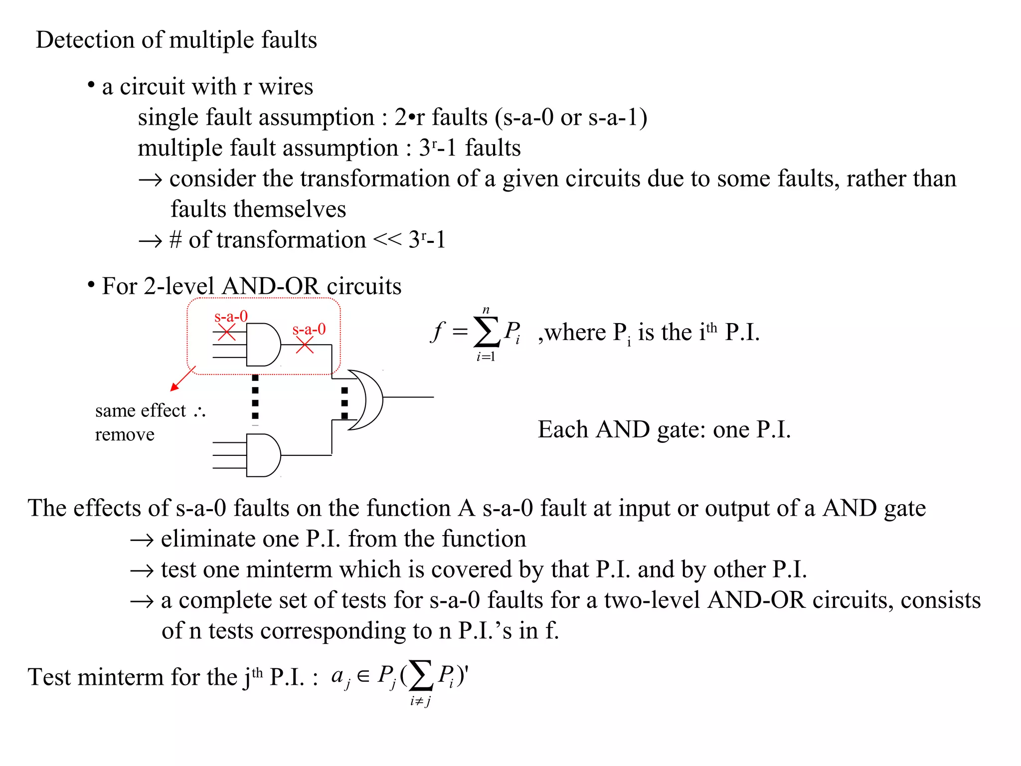 Detection of multiple faults
• a circuit with r wires
single fault assumption : 2•r faults (s-a-0 or s-a-1)
multiple fault assumption : 3r-1 faults
→ consider the transformation of a given circuits due to some faults, rather than
faults themselves
→ # of transformation << 3r-1
• For 2-level AND-OR circuits
s-a-0

n

f = ∑ Pi ,where Pi is the ith P.I.

s-a-0

i =1

same effect ∴
remove

Each AND gate: one P.I.

The effects of s-a-0 faults on the function A s-a-0 fault at input or output of a AND gate
→ eliminate one P.I. from the function
→ test one minterm which is covered by that P.I. and by other P.I.
→ a complete set of tests for s-a-0 faults for a two-level AND-OR circuits, consists
of n tests corresponding to n P.I.’s in f.
Test minterm for the jth P.I. : a j ∈ Pj (∑ Pi )'
i≠ j

 