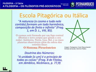 FILOSOFIA – 1ª Série 
A FILOSOFIA – OS FILÓSOFOS PRÉ-SOCRÁTICOS 
Escola Pitagórica ou Itálica 
"A natureza (o cosmo e tudo nele 
contido) formam um todo harmônico, 
composição de finito e infinito" (Frag. 
1, em D. L., VIII, 85). 
O cosmos está formado por um fogo central 
(Hestia) e nove corpos que giram a seu 
redor: Antiterra, Terra, Lua, Sol, e os cinco 
planetas observáveis além da esfera das 
estrelas fixas: 
O Sistema Pirocêntrico 
Doutrina dos Números: 
"A unidade [o um] é o princípio de 
todas as coisas” (Frag. 8 de Filolau, 
em Jâmblico, Nicômaco, p. 77,9) céS( 
F 
céS( 
Imagem: Pentagrama / Autor Desconhecido / 
Símbolo da Escola / Domínio Público 
 