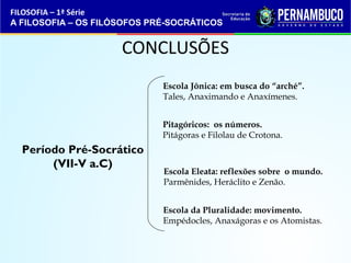 FILOSOFIA – 1ª Série 
A FILOSOFIA – OS FILÓSOFOS PRÉ-SOCRÁTICOS 
CONCLUSÕES 
Período Pré-Socrático 
(VII-V a.C) 
Escola Jônica: em busca do “arché”. 
Tales, Anaximando e Anaxímenes. 
Pitagóricos: os números. 
Pitágoras e Filolau de Crotona. 
Escola Eleata: reflexões sobre o mundo. 
Parmênides, Heráclito e Zenão. 
Escola da Pluralidade: movimento. 
Empédocles, Anaxágoras e os Atomistas. 
 