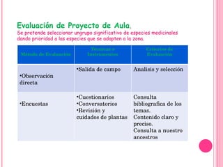 Evaluación de Proyecto de Aula .  Se pretende seleccionar ungrupo significativo de especies medicinales dando prioridad a las especies que se adapten a la zona. Método de Evaluación Técnicas o Instrumentos Criterios de Evaluación Observación directa Salida de campo Analisis y selección Encuestas Cuestionarios Conversatorios Revisión y cuidados de plantas Consulta bibliografica de los temas. Contenido claro y preciso. Consulta a nuestro ancestros 