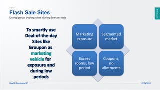 PAGE23
Andy KhenHotel E-Commerce101
Marketing
exposure
Segmented
market
Excess
rooms, low
period
Coupons,
no
allotments
Flash Sale Sites
Using group buying sites during low periods
 