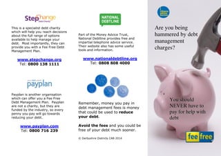 This is a specialist debt charity
which will help you reach decisions
about the full range of options
available to help manage your
debt. Most importantly, they can
provide you with a Fee Free Debt
Management Plan.
www.stepchange.org
Tel: 0800 138 1111
Payplan is another organisation
which can offer you a Fee Free
Debt Management Plan. Payplan
are not a charity, but they are
funded by the industry, so every
penny you pay will go towards
reducing your debt.
www.payplan.com
Tel: 0800 716 239
Part of the Money Advice Trust,
National Debtline provides free and
impartial telephone advice service.
Their website also has some useful
tools and information.
www.nationaldebtline.org
Tel: 0808 808 4000
Remember, money you pay in
debt management fees is money
that could be used to reduce
your debt.
Avoid the fees and you could be
free of your debt much sooner.
© Derbyshire Districts CAB 2014
Are you being
hammered by debt
management
charges?
YYoouu sshhoouulldd
NNEEVVEERR hhaavvee ttoo
ppaayy ffoorr hheellpp wwiitthh
ddeebbtt
 
