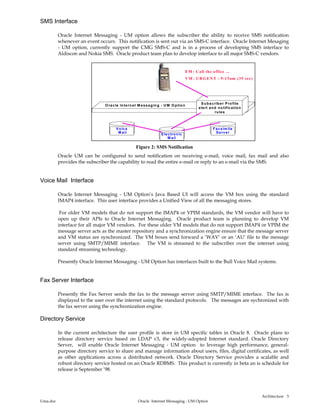 Architecture
Uma.doc Oracle Internet Messaging - UM Option
3
SMS Interface
Oracle Internet Messaging - UM option allows the subscriber the ability to receive SMS notification
whenever an event occurs. This notification is sent out via an SMS-C interface. Oracle Internet Mesaging
- UM option, currently support the CMG SMS-C and is in a process of developing SMS interface to
Aldiscon and Nokia SMS. Oracle product team plan to develop interface to all major SMS-C vendors.
Electronic
M ail
Facsim ile
Server
Voice
M ail
Subscriber Profile
alert and notification
rules
EM : C all the office ...
V M : UR G EN T - 9:15am (35 sec)
O racle Internet M essaging - U M O ption
Figure 2: SMS Notification
Oracle UM can be configured to send notification on receiving e-mail, voice mail, fax mail and also
provides the subscriber the capability to read the entire e-mail or reply to an e-mail via the SMS.
Voice Mail Interface
Oracle Internet Messaging - UM Option’s Java Based UI will access the VM box using the standard
IMAP4 interface. This user interface provides a Unified View of all the messaging stores.
For older VM models that do not support the IMAP4 or VPIM standards, the VM vendor will have to
open up their APIs to Oracle Internet Messaging. Oracle product team is planning to develop VM
interface for all major VM vendors. For these older VM models that do not support IMAP4 or VPIM the
message server acts as the master repository and a synchronization engine ensure that the message server
and VM status are synchronized. The VM boxes send forward a ‘WAV’ or an ‘AU’ file to the message
server using SMTP/MIME interface. The VM is streamed to the subscriber over the internet using
standard streaming technology.
Presently Oracle Internet Messaging - UM Option has interfaces built to the Bull Voice Mail systems.
Fax Server Interface
Presently the Fax Server sends the fax to the message server using SMTP/MIME interface. The fax is
displayed to the user over the internet using the standard protocols. The messages are sychronized with
the fax server using the synchronization engine.
Directory Service
In the current architecture the user profile is store in UM specific tables in Oracle 8. Oracle plans to
release directory service based on LDAP v3, the widely-adopted Internet standard. Oracle Directory
Server, will enable Oracle Internet Messaging - UM option to leverage high performance, general-
purpose directory service to share and manage information about users, files, digital certificates, as well
as other applications across a distributed network. Oracle Directory Service provides a scalable and
robust directory service hosted on an Oracle RDBMS. This product is currently in beta an is schedule for
release is September ’98.
 