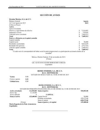 9 de Diciembre de 2015 GACETA OFICIAL DEL DISTRITO FEDERAL 21
SECCIÓN DE AVISOS
Zeraim Mexico, S.A. de C.V.
Balance General Agosto
Al 31 de Agosto de 2015 2015
(Cifras en Pesos)
Activo
Activo Circulante
Efectivo y equivalentes de efectivo $ 7,510,093
Impuestos a Favor $ 179,820
Total del activo circulante $ 7,689,913
Total $ 7,689,913
Pasivo y eficiencia en el capital contable
Capital contable
Capital social $ 50,000
Resultados acumuladas $ 8,012,638
Resultado del ejercicio $ (372,725)
Total de capital contable $ 7,689,913
Total $ 7,689,913
"A cada socio le corresponderá del haber social la parte proporcional a su participación accionaria dentro de la
sociedad"
México, Distrito Federal, 23 de noviembre de 2015.
(Firma)
________________________________________
LIC. GUSTAVO JAVIER MORACHIS VARGAS
Liquidador
HOME FINDERS, S.A. DE C.V.
R.F.C. HFI970304UB4
ESTADO DE RESULTADO AL 30 DE JUNIO DE 2015
Ventas 0.00
Costos y gastos 0.00
Utilidad neta 0.00
HOME FINDERS, S.A. DE C.V.
R.F.C. HFI970304UB4
ESTADO DE POSICIÓN FINANCIERA DEL 01 DE ENERO AL 31 DE JUNIO DE 2015
Activo circulante 11,4354.00 Suma el pasivo 545,852.00
Activo Activo fijo 11,126.00
Activo diferido 0 CAPITAL
Suma el activo 125,480.00 Capital Social 50,000
Perdidas acumuladas 470,372.00
Suma el capital. -420,372.00
(Firma) Suma el pasivo y el capital 125,480.00
María Eugenia de la Peña Armenteros
Liquidador.
 