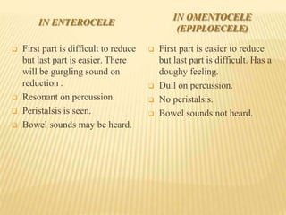 IN ENTEROCELE
 First part is difficult to reduce
but last part is easier. There
will be gurgling sound on
reduction .
 Resonant on percussion.
 Peristalsis is seen.
 Bowel sounds may be heard.
IN OMENTOCELE
(EPIPLOECELE)
 First part is easier to reduce
but last part is difficult. Has a
doughy feeling.
 Dull on percussion.
 No peristalsis.
 Bowel sounds not heard.
 