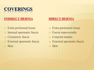 COVERINGS
INDIRECT HERNIA
 Extra peritoneal tissue
 Internal spermatic fascia
 Cremastric fascia
 External spermatic fascia
 Skin
DIRECT HERNIA
 Extra peritoneal tissue
 Fascia transversalis
 Conjoint tendon
 External spermatic fascia
 Skin
 
