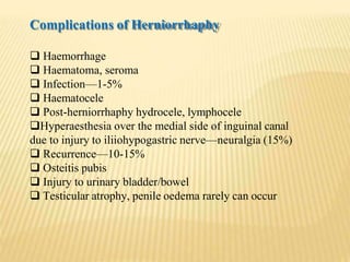 Complications of Herniorrhaphy
 Haemorrhage
 Haematoma, seroma
 Infection—1-5%
 Haematocele
 Post-herniorrhaphy hydrocele, lymphocele
Hyperaesthesia over the medial side of inguinal canal
due to injury to iliiohypogastric nerve—neuralgia (15%)
 Recurrence—10-15%
 Osteitis pubis
 Injury to urinary bladder/bowel
 Testicular atrophy, penile oedema rarely can occur
 