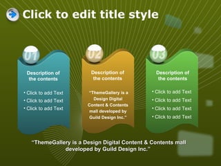 Click to edit title style Click to add Text Click to add Text Click to add Text Click to add Text Click to add Text Click to add Text Click to add Text Description of the contents “ ThemeGallery is a Design Digital Content & Contents mall developed by Guild Design Inc.” 01 Description of the contents 02 Description of the contents “ ThemeGallery is a Design Digital Content & Contents mall developed by Guild Design Inc.” 03 