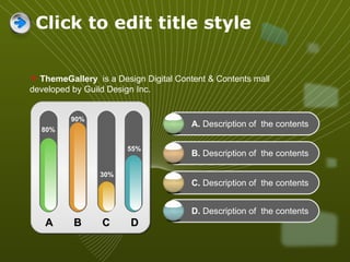 Click to edit title style ThemeGallery   is a Design Digital Content & Contents mall developed by Guild Design Inc. A  B  C  D 80% 90% 30% 55% A.  Description of  the contents B.  Description of  the contents C.  Description of  the contents D.  Description of  the contents 