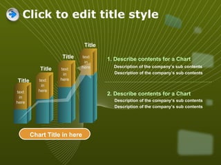 Click to edit title style 2. Describe contents for a Chart  Description of the company’s sub contents Description of the company’s sub contents 1. Describe contents for a Chart  Description of the company’s sub contents Description of the company’s sub contents Title Title Title Title Chart Title in here text in here text in here text in here text in here 
