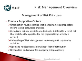 Management of Risk Principals
•

Create a Supportive Culture:
Organisation must recognise that managing risk appropriately
means taking calculated chances
Zero risk is neither possible nor desirable. A tolerable level of risk
that matches the appetite for the organisational activity is
needed
Embedding of Risk Management into everyone’s day-to-day
activities
Open and honest discussion without fear of retribution
Recognition and reward for managing risk proactively

Dartview Consulting Limited

21

 