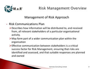 Management of Risk Approach
•

Risk Communications Plan
Describes how information will be distributed to, and received
from, all relevant stakeholders of a particular organisational
activity.
May form part of a wider communication plan within the
organisation
Effective communication between stakeholders is a critical
success factor for Risk Management, ensuring that risks are
identified and assessed, and that suitable responses are planned
and owned

Dartview Consulting Limited

31

 