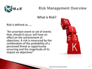 What is Risk?
Risk is defined as……
“An uncertain event or set of events
that, should it occur, will have an
effect on the achievement of
objectives. A risk is measured by the
combination of the probability of a
perceived threat or opportunity
occurring and the magnitude of its
impact on objectives”

Dartview Consulting Limited

3

 
