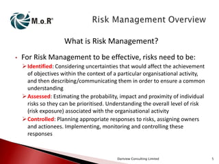 What is Risk Management?
•

For Risk Management to be effective, risks need to be:
 Identified: Considering uncertainties that would affect the achievement
of objectives within the context of a particular organisational activity,
and then describing/communicating them in order to ensure a common
understanding
 Assessed: Estimating the probability, impact and proximity of individual
risks so they can be prioritised. Understanding the overall level of risk
(risk exposure) associated with the organisational activity
 Controlled: Planning appropriate responses to risks, assigning owners
and actionees. Implementing, monitoring and controlling these
responses

Dartview Consulting Limited

5

 