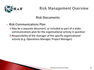 Risk Documents
•

Risk Communications Plan
May be a separate document, or included as part of a wider
communications plan for the organisational activity in question
Responsibility of the manager of the specific organisational
activity (e.g. Operations Manager, Project Manager)

Dartview Consulting Limited

83

 
