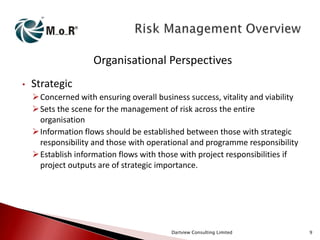 Organisational Perspectives
•

Strategic
 Concerned with ensuring overall business success, vitality and viability
 Sets the scene for the management of risk across the entire
organisation
 Information flows should be established between those with strategic
responsibility and those with operational and programme responsibility
 Establish information flows with those with project responsibilities if
project outputs are of strategic importance.

Dartview Consulting Limited

9

 