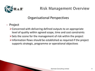 Organisational Perspectives
•

Project
Concerned with delivering defined outputs to an appropriate
level of quality within agreed scope, time and cost constraints
Sets the scene for the management of risk within the project
Information flows should be established as required if the project
supports strategic, programme or operational objectives

Dartview Consulting Limited

11

 