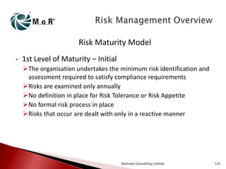 Risk Maturity Model
•

1st Level of Maturity – Initial
The organisation undertakes the minimum risk identification and
assessment required to satisfy compliance requirements
Risks are examined only annually
No definition in place for Risk Tolerance or Risk Appetite
No formal risk process in place
Risks that occur are dealt with only in a reactive manner

Dartview Consulting Limited

125

 
