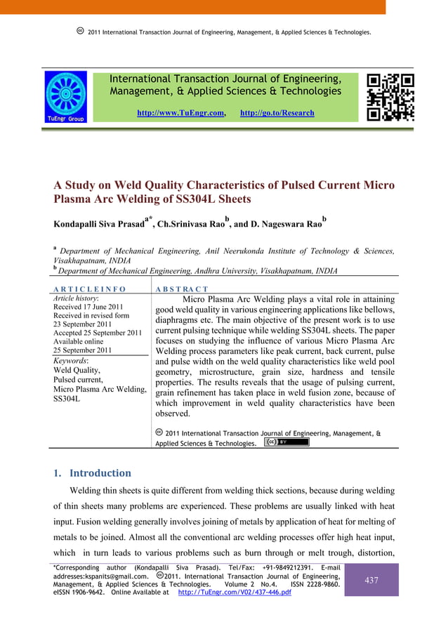A Study on Weld Quality Characteristics of Pulsed Current Micro Plasma