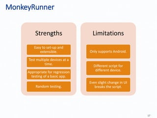 MonkeyRunner
17
Strengths
Easy to set-up and
extensible.
Test multiple devices at a
time.
Appropriate for regression
testing of a basic app.
Random testing.
Limitations
Only supports Android.
Different script for
different device.
Even slight change in UI
breaks the script.
 