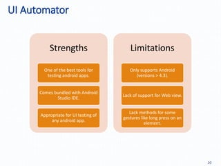 UI Automator
20
Strengths
One of the best tools for
testing android apps.
Comes bundled with Android
Studio IDE.
Appropriate for UI testing of
any android app.
Limitations
Only supports Android
(versions > 4.3).
Lack of support for Web view.
Lack methods for some
gestures like long press on an
element.
 